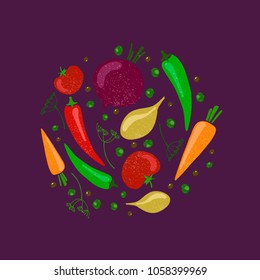 Vector composition with vegetables: tomato, carrot, peppers, onion and leaves. Design menu card for vegetarians, logo vegan shop. EPS10