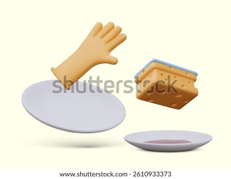 Vector composition of washing dishes in 3D style. Clean and dirty plate, sponge, kitchen glove. Hand protection during household work. Concept on yellow background