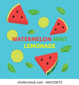 Vector composition watermelon lime and mint lemonade on blue background. For your text.