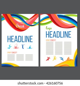 Vector composition of a wave of bands with different colors are intertwined including sport symbols. Concept brochure, web sites, page, leaflet, signs and logo text separately Brazilian carnival.