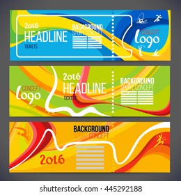 Vector composition of a wave of bands with different colors are intertwined including sport symbols.Concept brochure, web sites,page,leaflet,Design sport banners or ticket 2016 year with logo element.