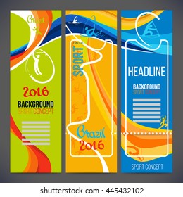 Vector composition of a wave of bands with different colors are intertwined including sport symbols.Concept brochure,web,page,leaflet,design sport banners 2016 year with sport logo element.