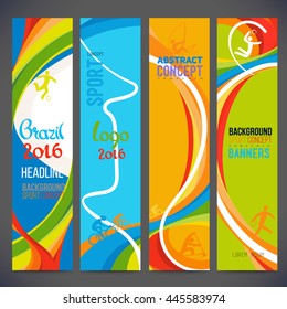 Vector composition of a wave of bands with different colors are intertwined including sport symbols.Concept brochure,web,page,leaflet,design sport banners 2016 year with sport logo element.