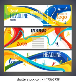 Vector composition of a wave of bands with different colors are intertwined including sport symbols.Concept brochure, web sites,page,leaflet,Design sport banners or ticket 2016 year with logo element.