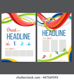 Vector composition of a wave of bands with different colors are intertwined including sport symbols. Concept brochure, web sites, page, leaflet, signs and logo text separately. Strips typed letters.