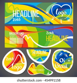 Composición vectorial de una ola de bandas con diferentes colores se entrelazan incluyendo símbolos deportivos.Folleto deportivo, pegatinas aisladas, sitios web, página, folleto,Carteles de diseño o titular de boleto 2016 año