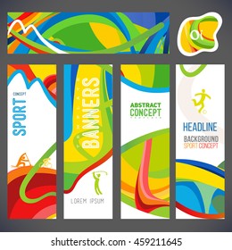 Vector composition of a wave of bands with different colors are intertwined including sport symbols.Concept brochure, web sites,page,leaflet,Design sport banners or ticket 2016 year with logo element.