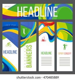 Vector composition of a wave of bands with different colors are intertwined including sport symbols.Concept brochure, web sites,page,leaflet,Design sport banners or ticket with logo element.