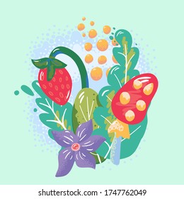 vector composition with wild strawberries and amanita 
