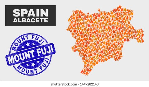 Vector composition of wildfire Albacete Province map and blue rounded grunge Mount Fuji seal stamp. Fiery Albacete Province map mosaic of fire icons. Vector composition for fire protection services,
