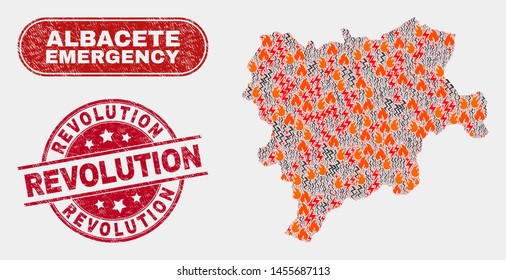 Vector composition of wildfire Albacete Province map and red round scratched Revolution seal stamp. Emergency Albacete Province map mosaic of wildfire, power shock items.