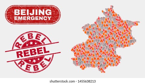 Vector composition of wildfire Beijing City map and red rounded scratched Rebel watermark. Emergency Beijing City map mosaic of destruction, energy hazard elements.