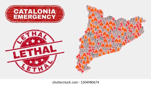 Vector composition of wildfire Catalonia map and red round scratched Lethal seal stamp. Emergency Catalonia map mosaic of fire, energy flash elements. Vector composition for insurance services,