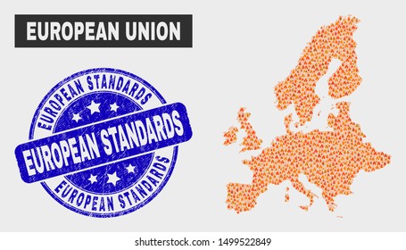 Vector composition of wildfire European Union map and blue round scratched European Standards watermark. Orange European Union map mosaic of wildfire items. Vector composition for safety services,