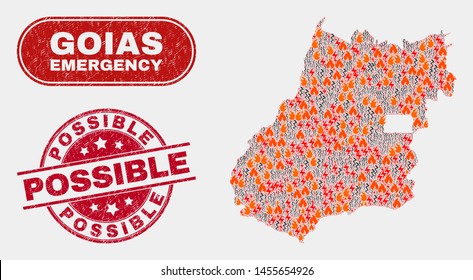 Vector composition of wildfire Goias State map and red round textured Possible seal. Emergency Goias State map mosaic of wildfire, electric flash symbols. Vector composition for emergency services,