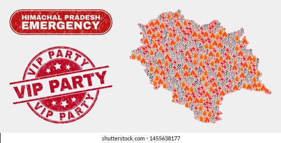 Vector composition of wildfire Himachal Pradesh State map and red rounded grunge Vip Party seal. Emergency Himachal Pradesh State map mosaic of wildfire, power hazard icons.