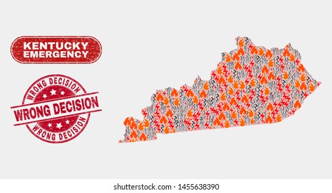 Vector composition of wildfire Kentucky State map and red round textured Wrong Decision seal stamp. Emergency Kentucky State map mosaic of wildfire, power hazard items.