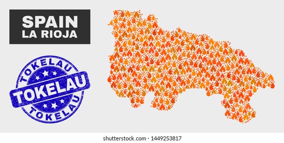 Vector composition of wildfire La Rioja of Spain map and blue rounded grunge Tokelau watermark. Fiery La Rioja of Spain map mosaic of fire elements. Vector composition for fire protection services,