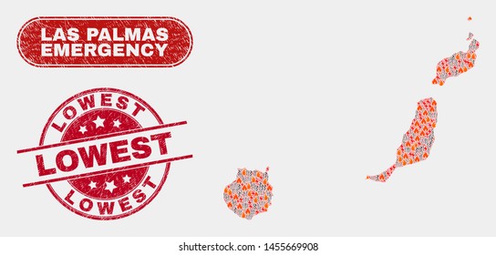 Vector composition of wildfire Las Palmas Province map and red round scratched Lowest stamp. Emergency Las Palmas Province map mosaic of wildfire, electric lightning items.