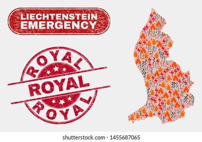 Vector composition of wildfire Liechtenstein map and red rounded scratched Royal seal stamp. Emergency Liechtenstein map mosaic of flame, power lightning items. Vector combination for guard services,
