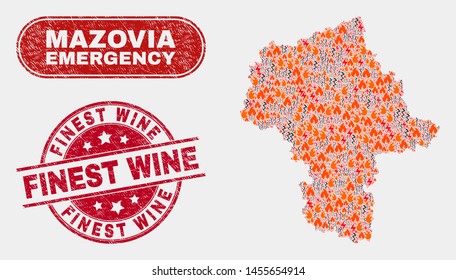 Vector composition of wildfire Masovian Voivodeship map and red rounded distress Finest Wine watermark. Emergency Masovian Voivodeship map mosaic of fire, energy flash items.