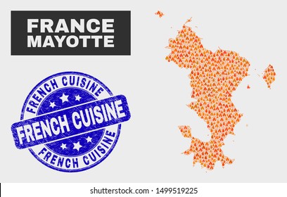 Vector composition of wildfire Mayotte Islands map and blue rounded grunge French Cuisine seal. Fiery Mayotte Islands map mosaic of flame items. Vector composition for insurance services,