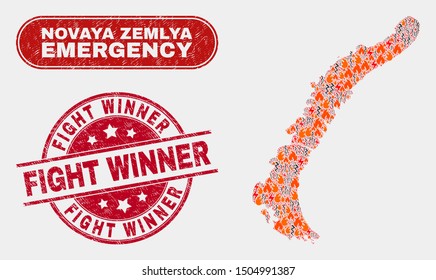 Vector composition of wildfire Novaya Zemlya Islands map and red round textured Fight Winner seal stamp. Emergency Novaya Zemlya Islands map mosaic of destruction, power flash icons.