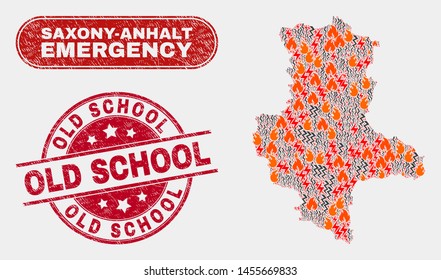 Vector composition of wildfire Saxony-Anhalt Land map and red rounded distress Old School watermark. Emergency Saxony-Anhalt Land map mosaic of flame, power flash icons.