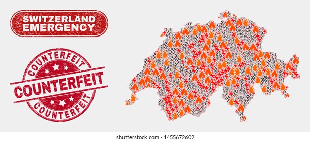 Vector composition of wildfire Switzerland map and red round scratched Counterfeit seal. Emergency Switzerland map mosaic of wildfire, power flash icons. Vector collage for emergency services,