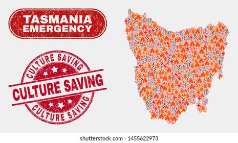 Vector composition of wildfire Tasmania Island map and red round scratched Culture Saving watermark. Emergency Tasmania Island map mosaic of flame, electric shock elements.