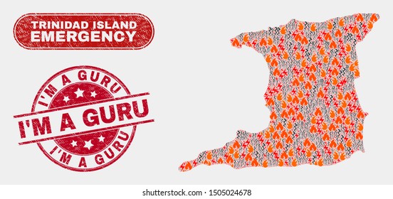 Vector composition of wildfire Trinidad Island map and red rounded textured I'M a Guru stamp. Emergency Trinidad Island map mosaic of wildfire, energy shock symbols.