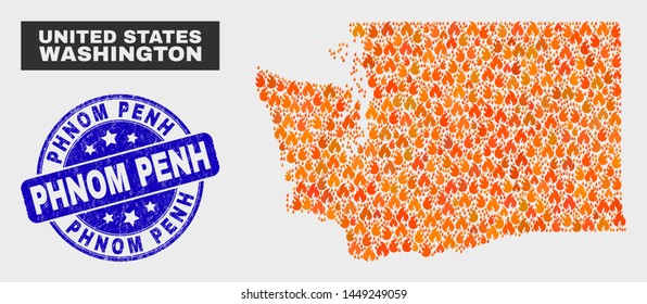Vector composition of wildfire Washington State map and blue rounded distress Phnom Penh stamp. Orange Washington State map mosaic of fire icons. Vector composition for fire protection services,