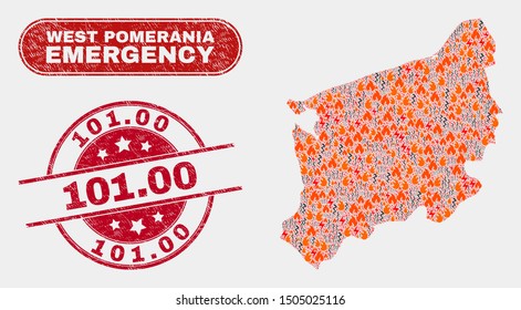 Vector composition of wildfire West Pomeranian Voivodeship map and red round textured 101.00 stamp. Emergency West Pomeranian Voivodeship map mosaic of wildfire, energy strike items.