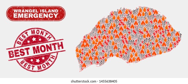Vector composition of wildfire Wrangel Island map and red rounded textured Best Month seal. Emergency Wrangel Island map mosaic of flame, energy flash icons. Vector composition for emergency services,