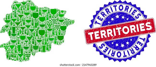 Vector composition of wine Andorra map and grunge bicolor Territories seal. Red and blue bicolored seal with grunge surface and Territories phrase. Andorra map collage is formed with wine glasses,