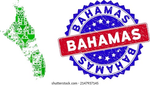 Vector composition of wine Andros Island of Bahamas map with grunge bicolor Bahamas stamp. Red and blue bicolored stamp with corroded surface and Bahamas text.