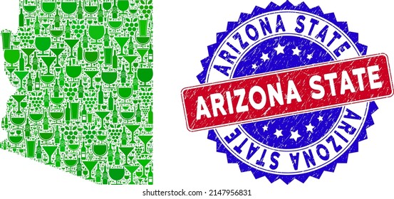 Vector composition of wine Arizona State map with grunge bicolor Arizona State seal stamp. Red and blue bicolored seal with grunge surface and Arizona State caption.