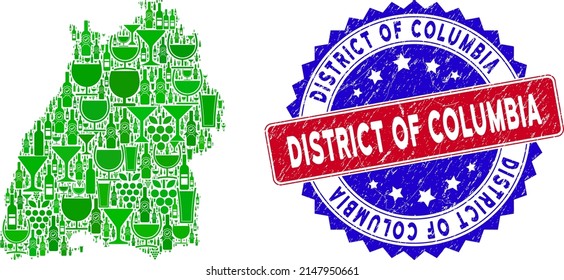 Vector composition of wine Baden-Wurttemberg Land map and grunge bicolor District of Columbia seal. Red and blue bicolored seal with distress texture and District of Columbia tag.