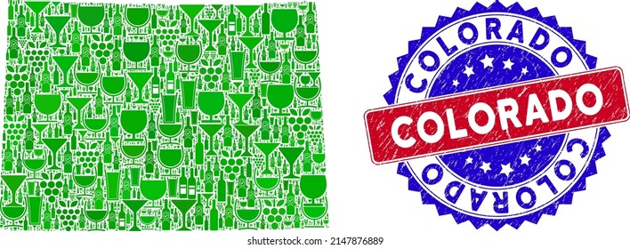 Vector composition of wine Colorado State map with grunge bicolor Colorado seal stamp. Red and blue bicolored stamp with grunge surface and Colorado slogan.
