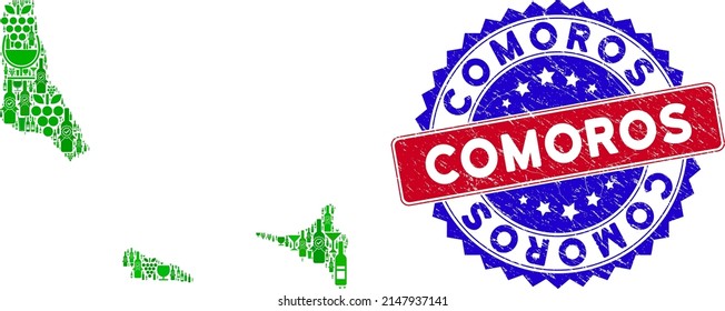 Vector composition of wine Comoros Islands map with grunge bicolor Comoros seal. Red and blue bicolored badge with grunge surface and Comoros phrase.