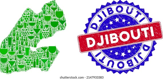 Vector composition of wine Djibouti map and grunge bicolor Djibouti seal. Red and blue bicolored seal with grunge style and Djibouti text. Djibouti map collage is formed with wine glasses,