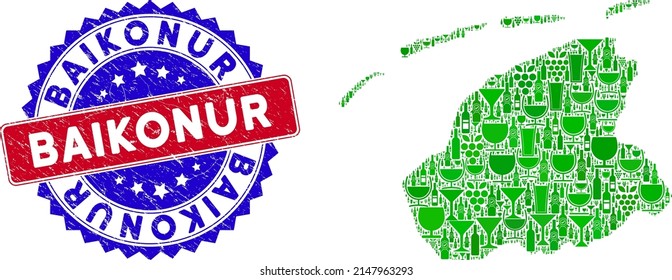 Vektoraufbau der Wein Friesland Provinz Karte mit Grunge bicolor Baikonur Siegel Stempel. Rote und blaue, bicfarbene Stempel mit Gummioberfläche und Baikonur-Slogan.
