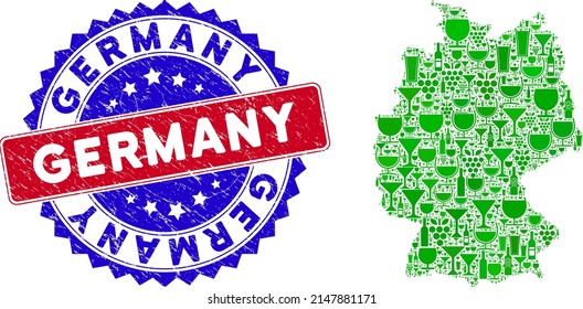 Vector composition of wine Germany map with grunge bicolor Germany seal. Red and blue bicolored seal with grunge style and Germany text. Germany map collage is designed with wine glasses,