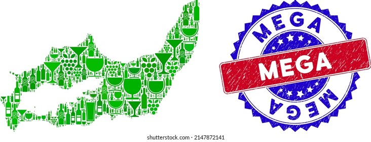 Vector composition of wine Great Inagua Island map and grunge bicolor Mega seal. Red and blue bicolored seal with grunge surface and Mega slogan.