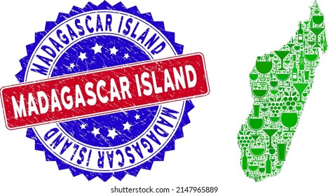 Vector composition of wine Madagascar Island map with grunge bicolor Madagascar Island seal. Red and blue bicolored seal with unclean texture and Madagascar Island text.
