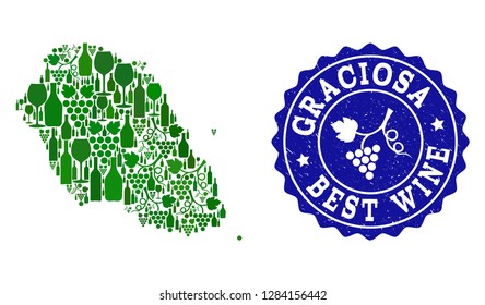 Vector composition of wine map of Graciosa Island and best grape wine grunge stamp. Map of Graciosa Island collage designed with bottles and grape berries bunches.