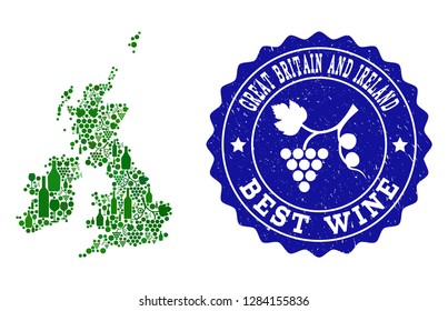 Vector composition of wine map of Great Britain and Ireland and best grape wine grunge seal. Map of Great Britain and Ireland collage created with bottles and grape berries bunches.