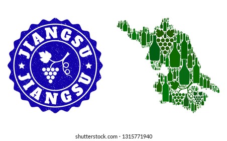 Vector composition of wine Map of Jiangsu Province and grape grunge stamp. Map of Jiangsu Province collage formed with bottles and grape berries bunches.