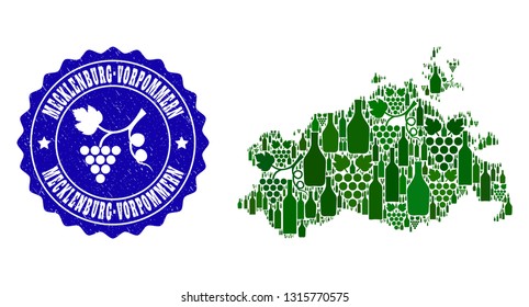 Vector composition of wine map of Mecklenburg-Vorpommern State and grape grunge stamp. Map of Mecklenburg-Vorpommern State collage designed with bottles and grape berries bunches.