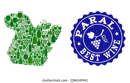 Vector composition of wine map of Paral State and best grape wine grunge seal stamp. Map of Paral State collage formed with bottles and grape berries bunches.